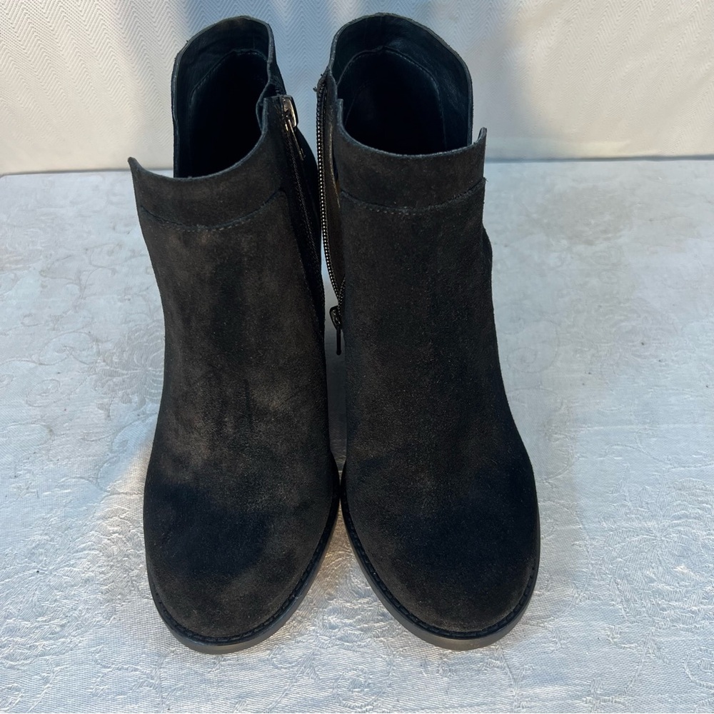 Lucky Brand Ferolia Black Suede Booties Wedge Side Zipper 3 1/2” Wedge 8.5